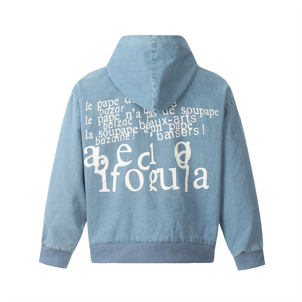 Trendy High Street Letter Printing Denim Hoodie Coat Men