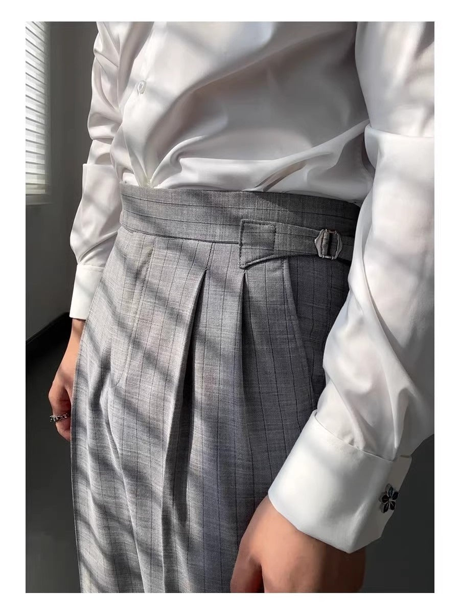 Striped High-waisted Trousers Casual Business Buckle Adjustable Pants