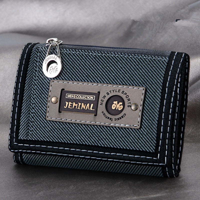 Men'S Canvas Short Three-Fold Simple Small Wallet Student Zipper Change Boy Child Multifunctional Folding Cloth Wallet