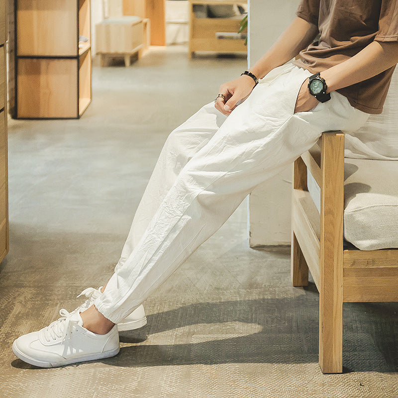Cotton And Linen Casual College Student Cropped Pants Men