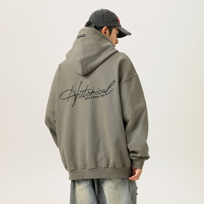 Retro Heavy Hooded Sweater Men's Autumn And Winter High Street American Letter Embroidery