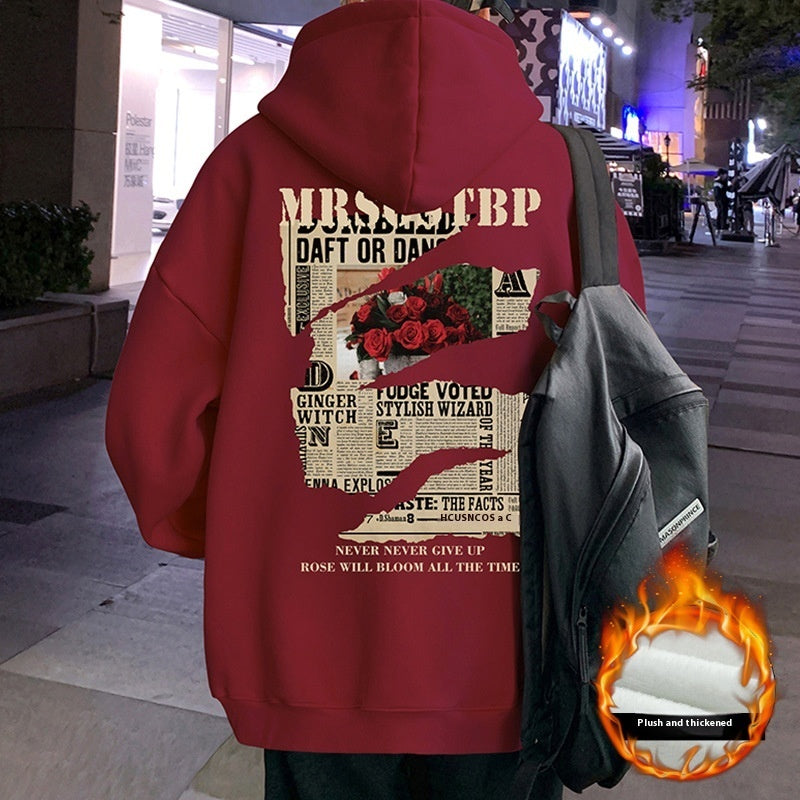 Wine Red Hooded Sweater Men's Autumn And Winter Fleece-lined