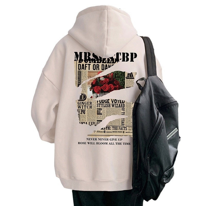Wine Red Hooded Sweater Men's Autumn And Winter Fleece-lined