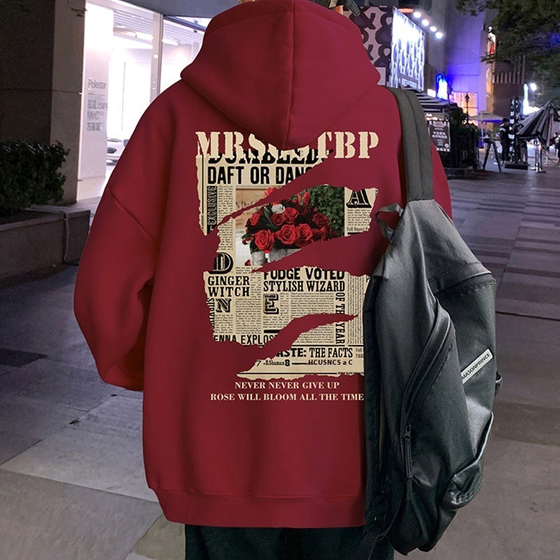 Wine Red Hooded Sweater Men's Autumn And Winter Fleece-lined