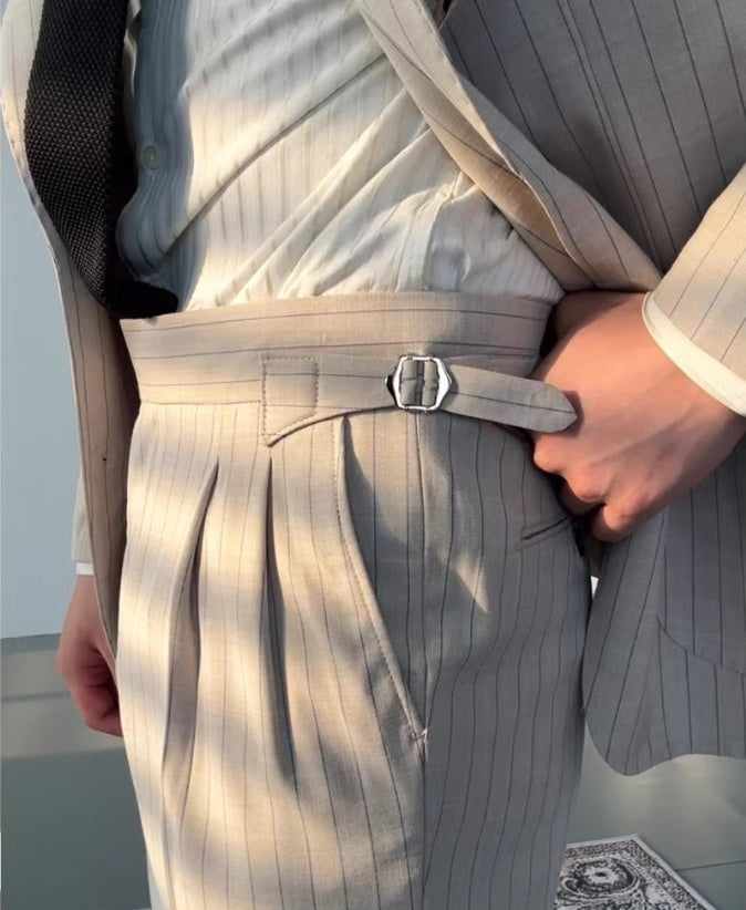 Striped High-waisted Trousers Casual Business Buckle Adjustable Pants