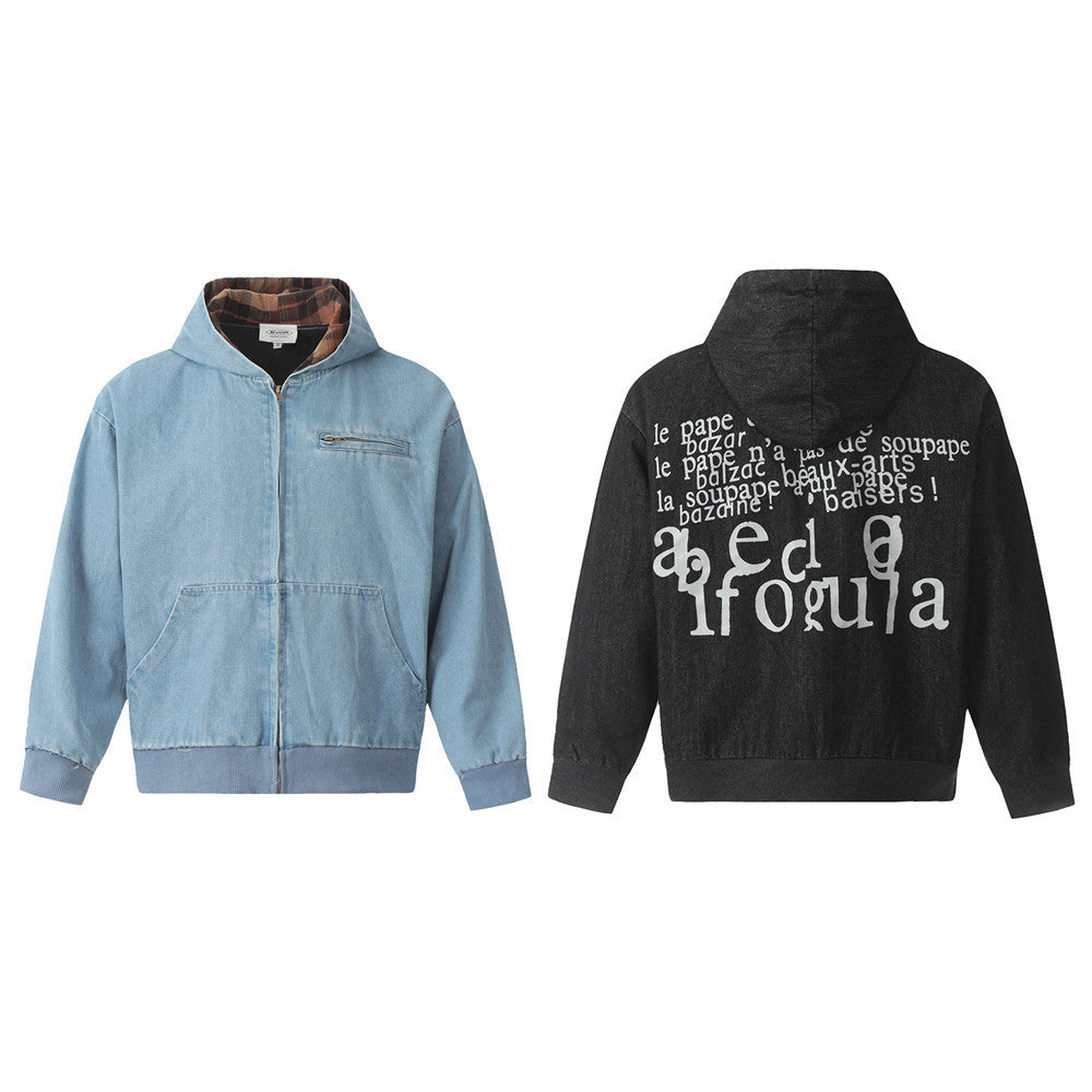 Trendy High Street Letter Printing Denim Hoodie Coat Men