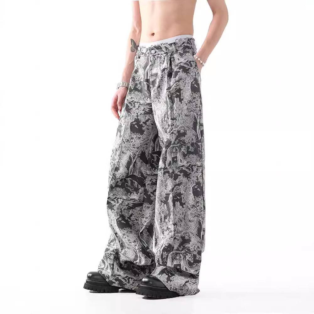 New National Fashion Heavy Industry Jacquard Design New Chinese Style Rag-eared Casual Pants Men