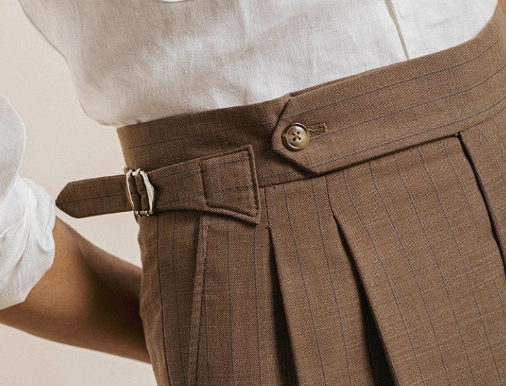 Striped High-waisted Trousers Casual Business Buckle Adjustable Pants