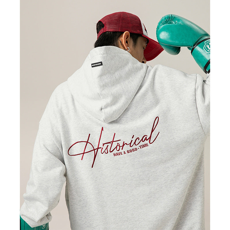Retro Heavy Hooded Sweater Men's Autumn And Winter High Street American Letter Embroidery