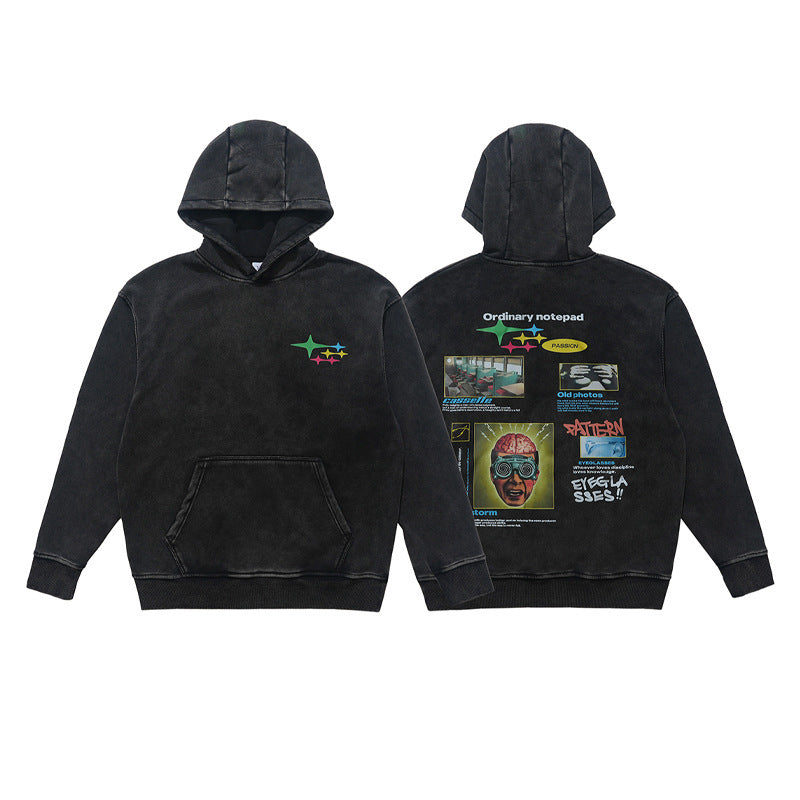 Retro Washed Heavy Large Print Composite Fleece-lined Couple Sweater Fashion