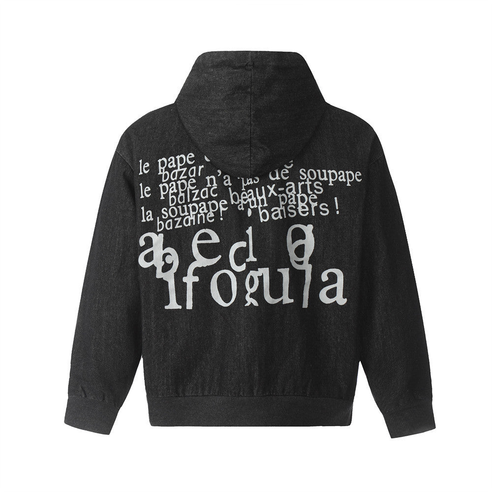 Trendy High Street Letter Printing Denim Hoodie Coat Men
