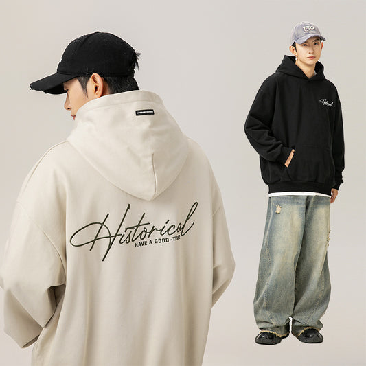 Retro Heavy Hooded Sweater Men's Autumn And Winter High Street American Letter Embroidery