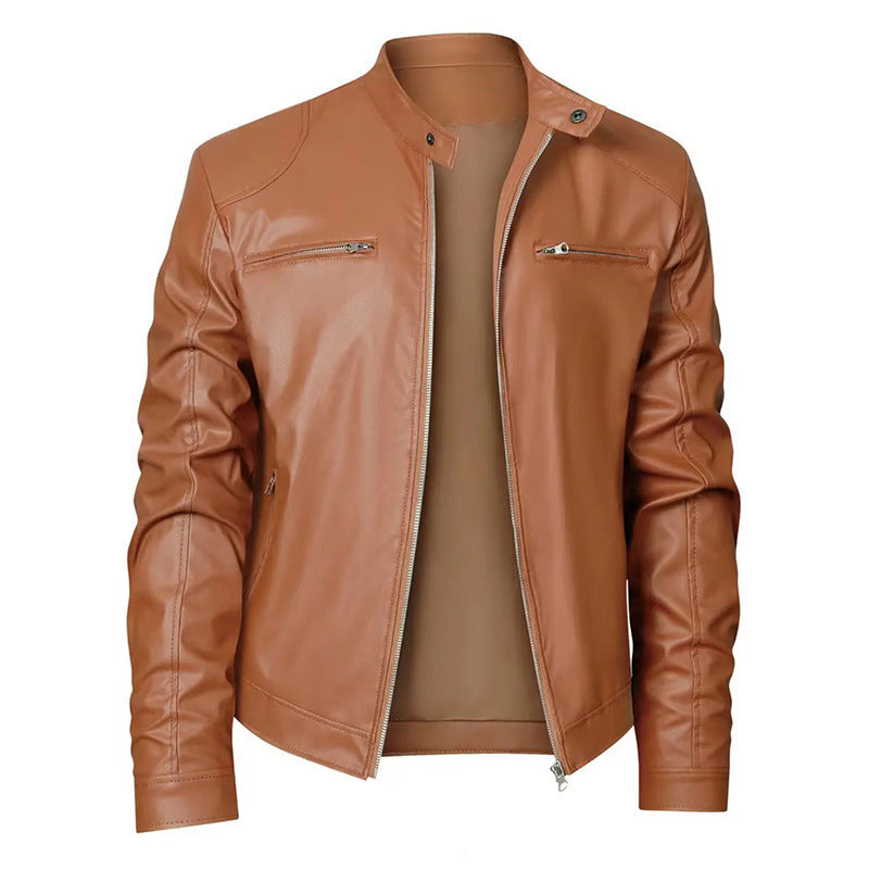 Men's Stand-up Collar Slim Fit Leather Jacket Zipper Pocket Decoration