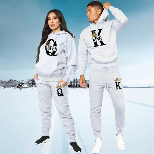New Men's Sweater KING QUEEN Loose Casual Hooded Printed Couple Suit
