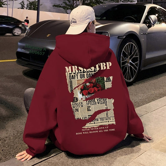 Wine Red Hooded Sweater Men's Autumn And Winter Fleece-lined